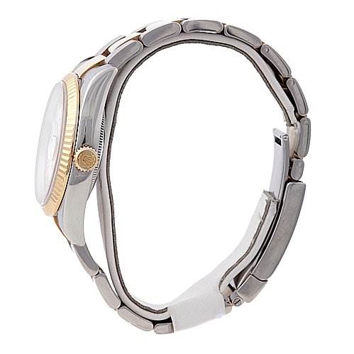 The image shows a Rolex Datejust 116233-WRJ Men's Stainless Steel White Dial 116233-WRJ Men's Stainless Steel White Dial watch from a side profile, highlighting the crown, bezel, and metal bracelet.