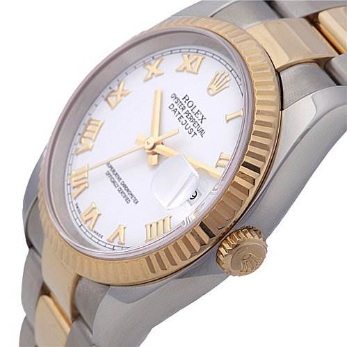 This image shows a side angle of a Rolex Datejust 116233-WRJ Men's Stainless Steel White Dial 116233-WRJ Men's Stainless Steel White Dial watch, highlighting the crown, bezel, and part of the bracelet.