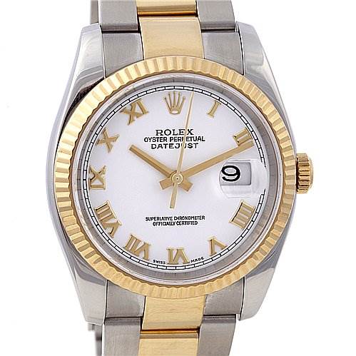The Rolex Datejust 116233-WRJ Men's Stainless Steel White Dial 116233-WRJ Men's Stainless Steel White Dial watch is shown from a front angle, highlighting its face, bezel, and part of its bracelet.