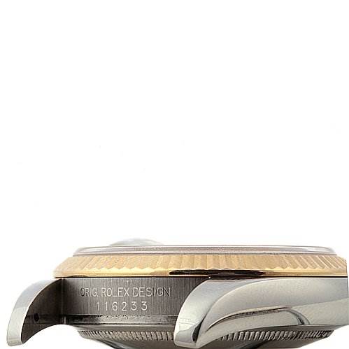 This side view of the Rolex Datejust 116233-WRJ Men's Stainless Steel White Dial 116233-WRJ Men's Stainless Steel White Dial displays its case, lug, and bezel with the engraved model number 116233.