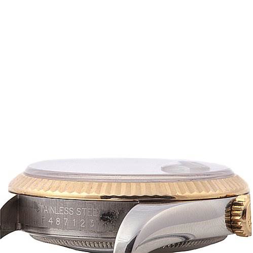 This image shows a side view of the Rolex Datejust 116233-WRJ Men's Stainless Steel White Dial 116233-WRJ Men's Stainless Steel White Dial watch, highlighting the fluted bezel, crown, and part of the bracelet.