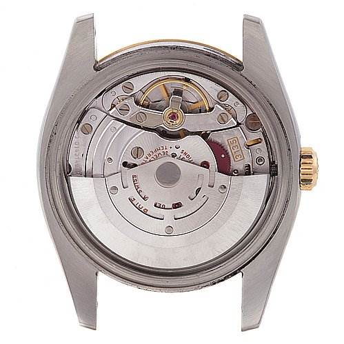 The image shows the back view of a Rolex Datejust 116233-WRJ Men's Stainless Steel White Dial 116233-WRJ Men's Stainless Steel White Dial watch, revealing its internal movement mechanism.