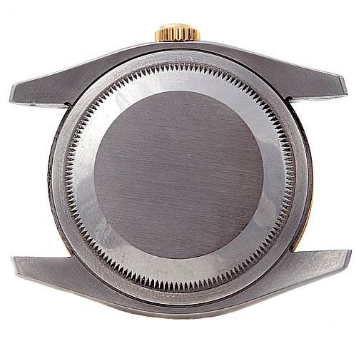 This image shows the back view of the case of a Rolex Datejust 116233-WRJ Men's Stainless Steel White Dial 116233-WRJ Men's Stainless Steel White Dial watch, highlighting its caseback and lugs.