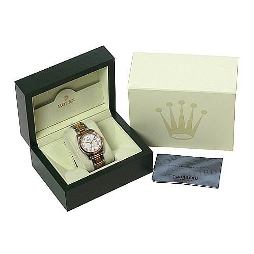 The image shows a Rolex Datejust 116233-WRJ Men's Stainless Steel White Dial 116233-WRJ Men's Stainless Steel White Dial watch in an open box, with an outer box and a certificate card displayed.