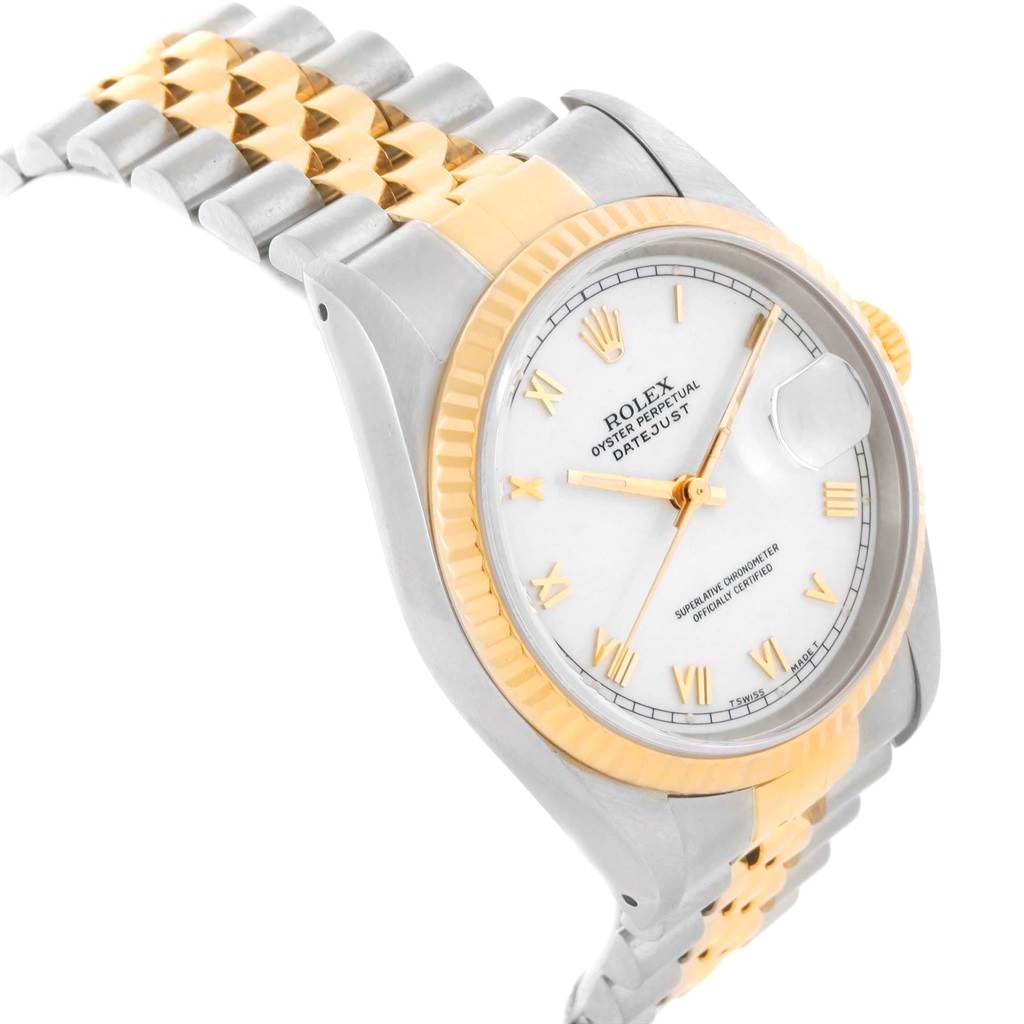 The Rolex Datejust 16233 Men's Steel and Gold (two tone) White Dial 16233 Men's Steel and Gold (two tone) White Dial watch is shown at an angle highlighting the face, bezel, crown, and partial bracelet.