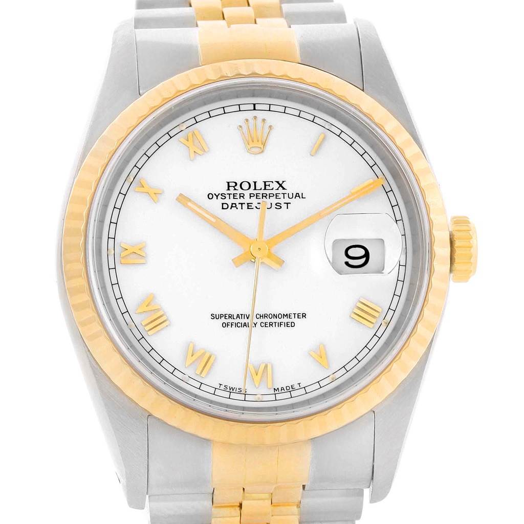 The Rolex Datejust 16233 Men's Steel and Gold (two tone) White Dial 16233 Men's Steel and Gold (two tone) White Dial watch is shown from a front angle, prominently displaying its dial, bezel, and bracelet.