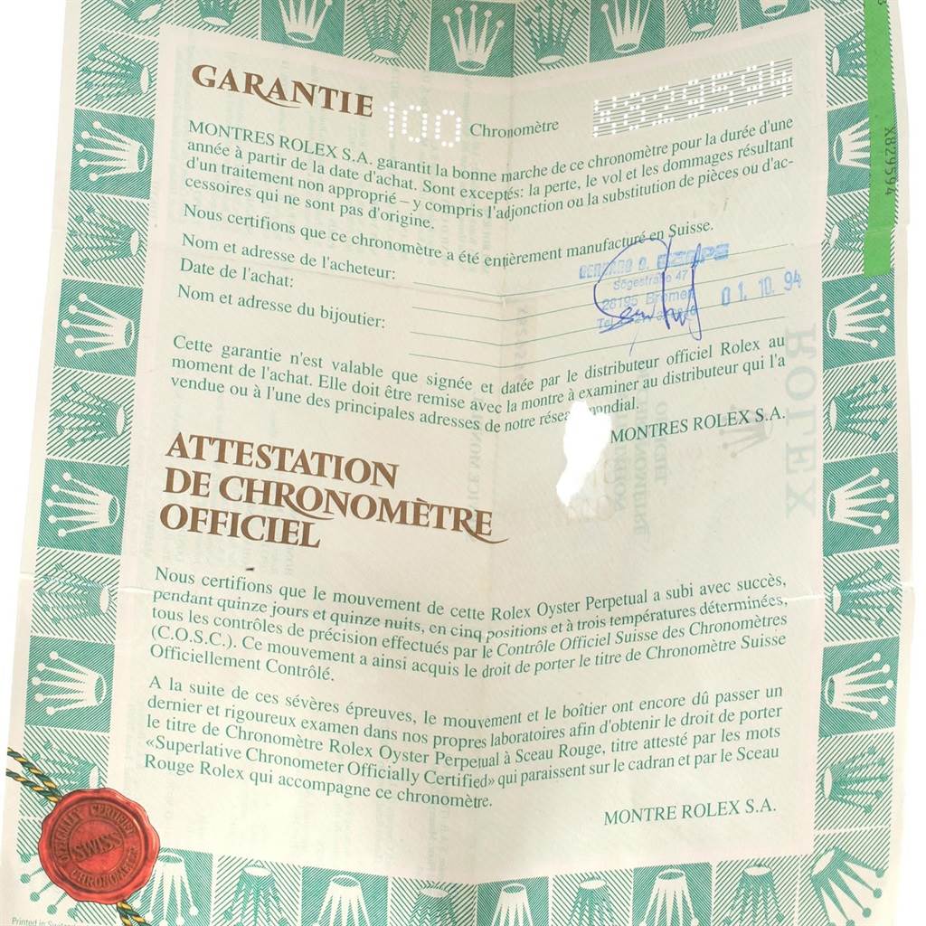 The image shows the warranty and chronometer certification paperwork for a Rolex Datejust 16233 Men's Steel and Gold (two tone) White Dial 16233 Men's Steel and Gold (two tone) White Dial watch.