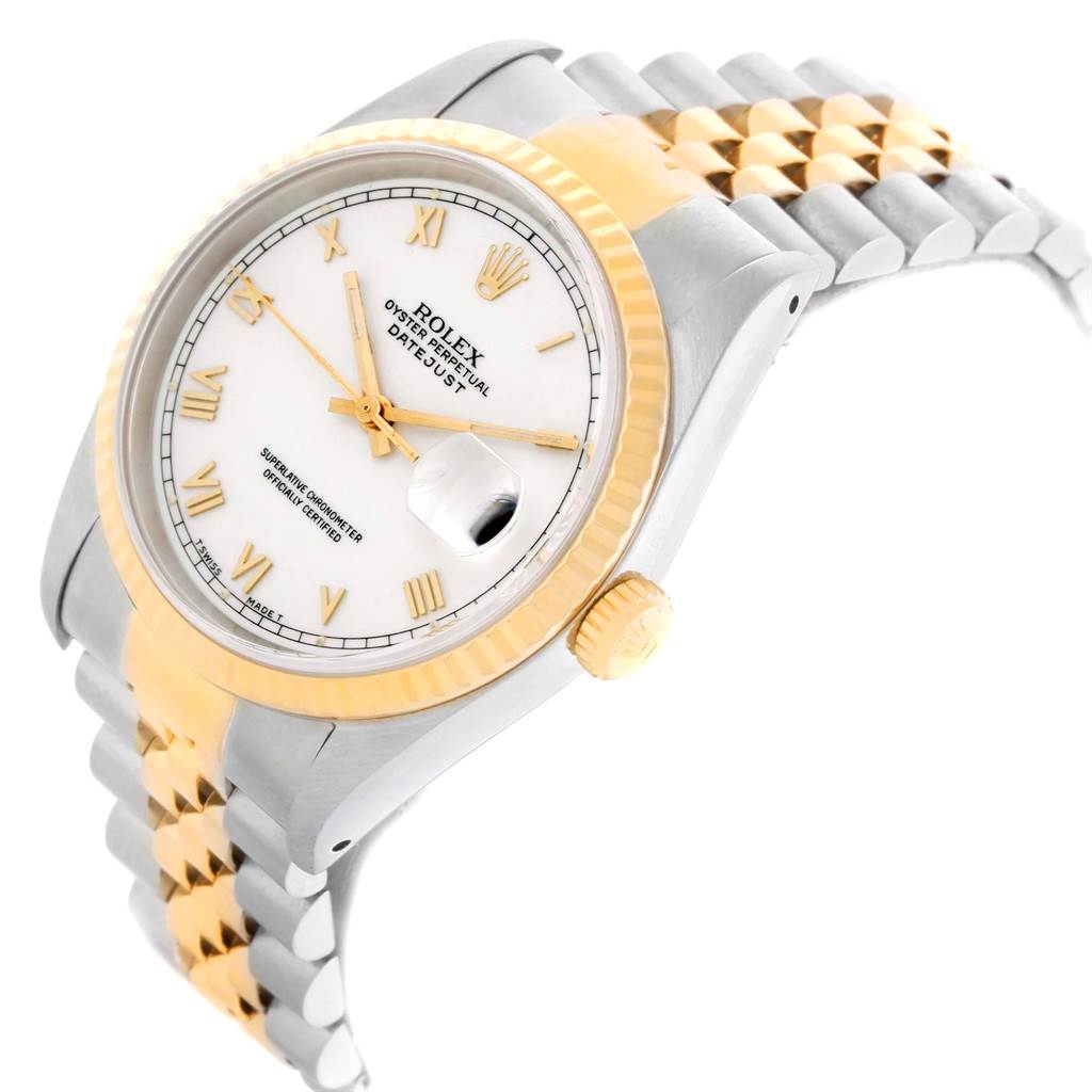 The image shows a Rolex Datejust 16233 Men's Steel and Gold (two tone) White Dial 16233 Men's Steel and Gold (two tone) White Dial watch at a slight angle from above, highlighting the dial, bezel, crown, and part of the bracelet.