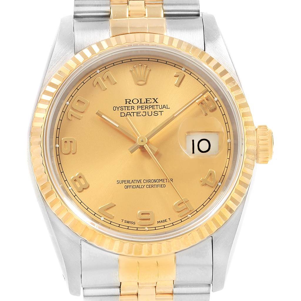 The image shows a gold and silver Rolex Datejust 16233 Men's Steel and Gold (two tone) Champagne Dial 16233 Men's Steel and Gold (two tone) Champagne Dial watch from a front angle, highlighting its dial, bezel, and bracelet.