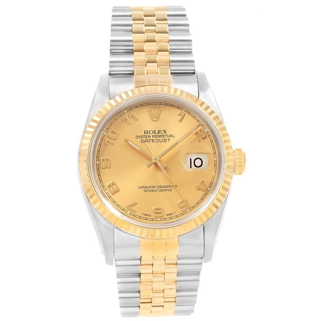 This image shows a Rolex Datejust 16233 Men's Steel and Gold (two tone) Champagne Dial 16233 Men's Steel and Gold (two tone) Champagne Dial watch from a top-down angle, displaying the dial, bezel, and bracelet clearly.