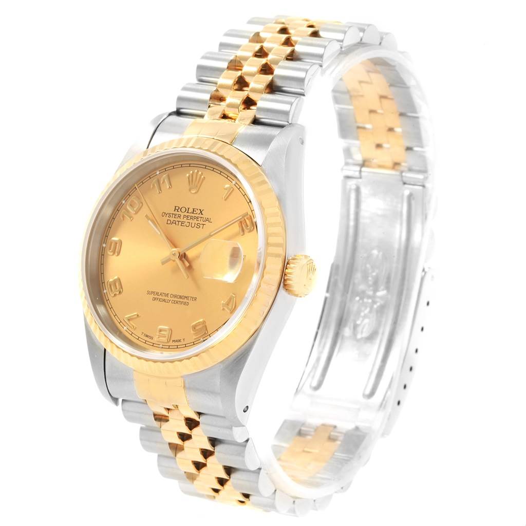 The image shows a Rolex Datejust 16233 Men's Steel and Gold (two tone) Champagne Dial 16233 Men's Steel and Gold (two tone) Champagne Dial model watch at a front-side angle, highlighting its two-tone bracelet and gold dial.