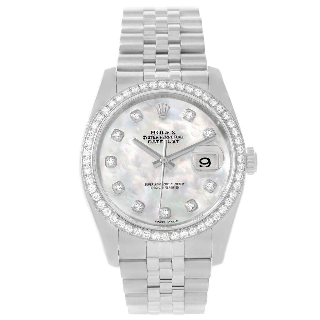 This image shows a front view of a Rolex Datejust 116244 Men
s Stainless Steel Mother of Pearl Dial 116244 Men
s Stainless Steel Mother of Pearl Dial watch, highlighting its face, bezel, and bracelet.