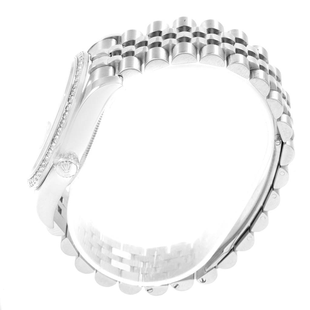 The image shows a side view of the Rolex Datejust 116244 Men
s Stainless Steel Mother of Pearl Dial 116244 Men
s Stainless Steel Mother of Pearl Dial watch, highlighting the case and the Jubilee bracelet.