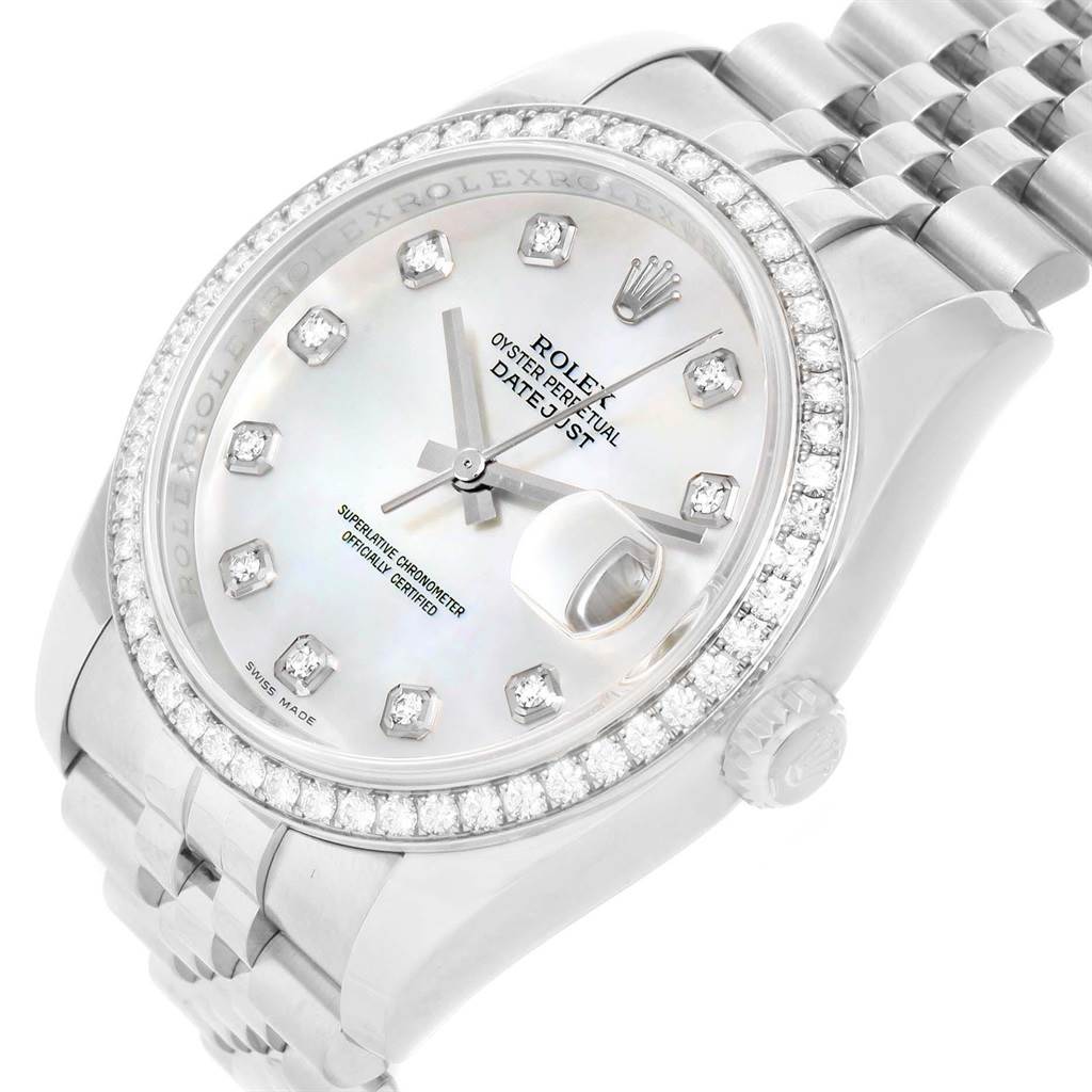 The image displays a close-up, angled view of a Rolex Datejust 116244 Men
s Stainless Steel Mother of Pearl Dial 116244 Men
s Stainless Steel Mother of Pearl Dial watch, showcasing its face, bezel, and part of the band.
