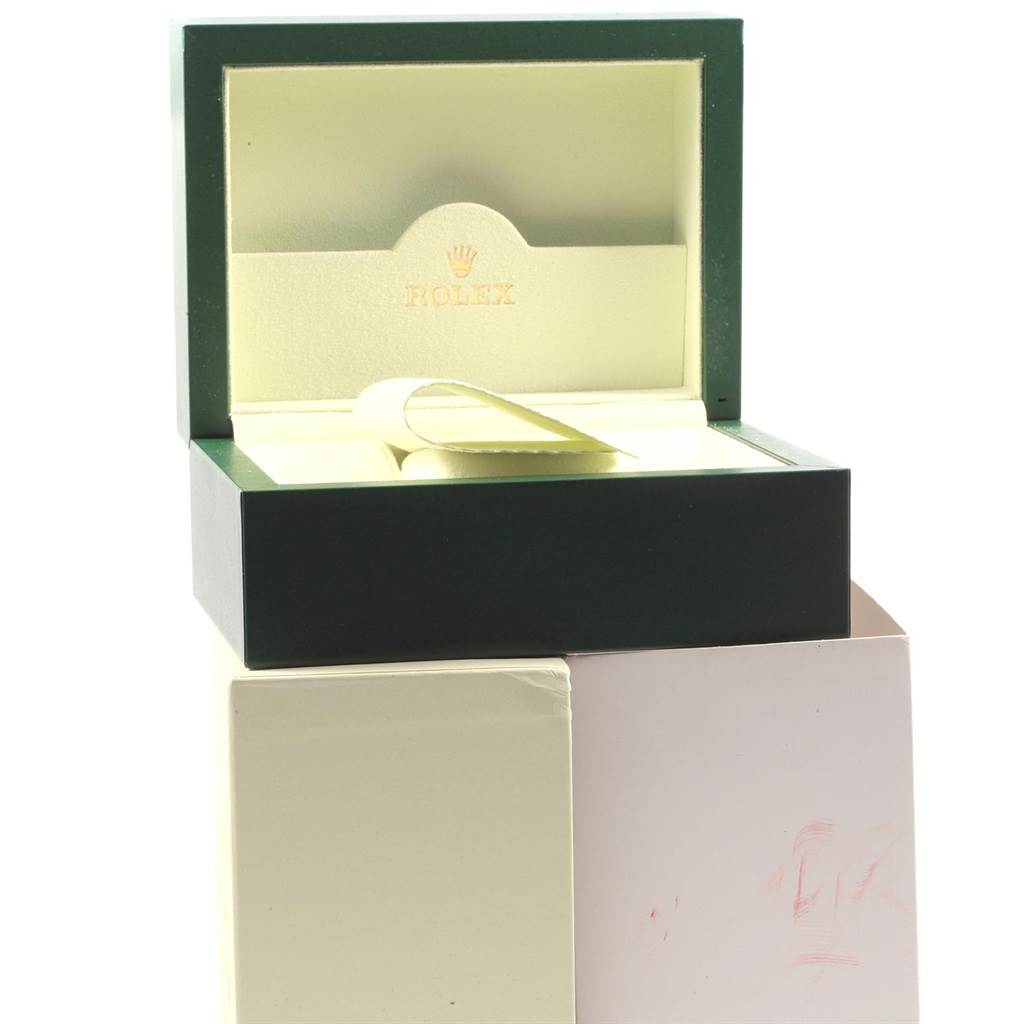 The image shows an open green and beige Rolex Datejust 116244 Men
s Stainless Steel Mother of Pearl Dial 116244 Men
s Stainless Steel Mother of Pearl Dial watch box from a front angle.