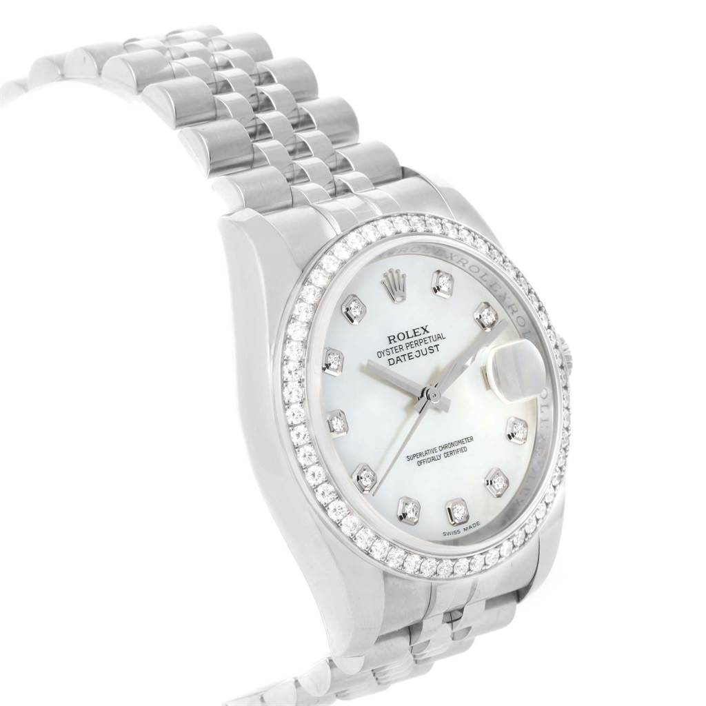 The image shows a Rolex Datejust 116244 Men
s Stainless Steel Mother of Pearl Dial 116244 Men
s Stainless Steel Mother of Pearl Dial watch at an angle, highlighting its dial, bezel, and part of its metal bracelet.