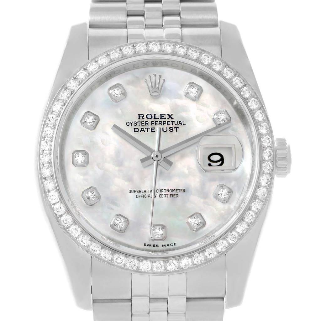 The image shows a Rolex Datejust 116244 Men
s Stainless Steel Mother of Pearl Dial 116244 Men
s Stainless Steel Mother of Pearl Dial watch from a top-down angle, highlighting the dial, bezel, and part of the bracelet.