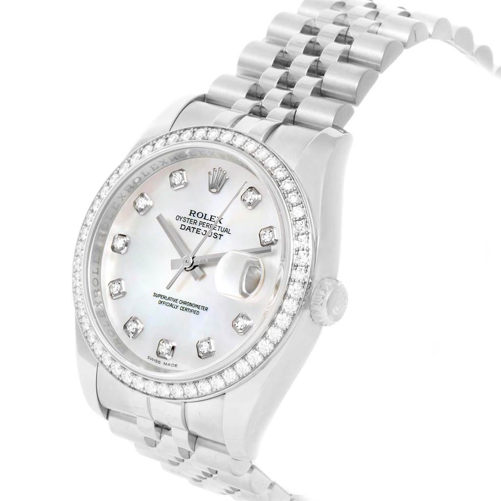 A Rolex Datejust 116244 Men
s Stainless Steel Mother of Pearl Dial 116244 Men
s Stainless Steel Mother of Pearl Dial watch shown at an angle highlighting the dial, bezel, crown, and part of the bracelet.