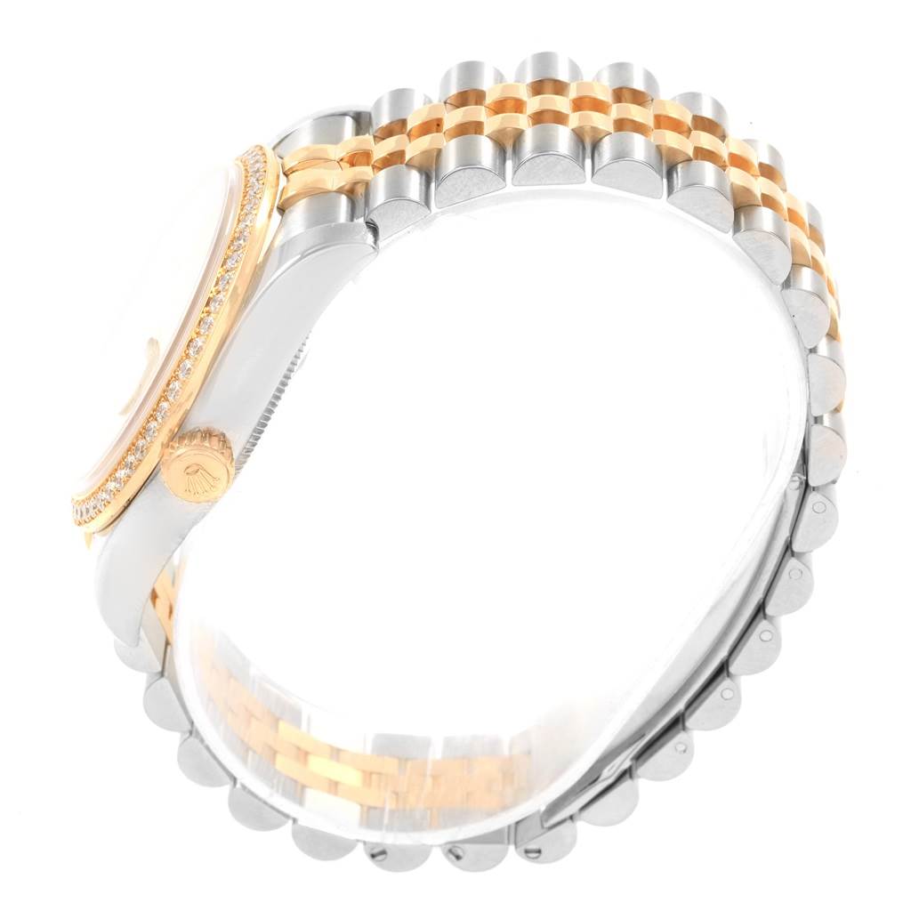 The image shows a side angle of a Rolex Datejust 116243 Men's Stainless Steel Silver Dial 116243 Men's Stainless Steel Silver Dial watch, highlighting the crown, bezel, and two-tone bracelet.