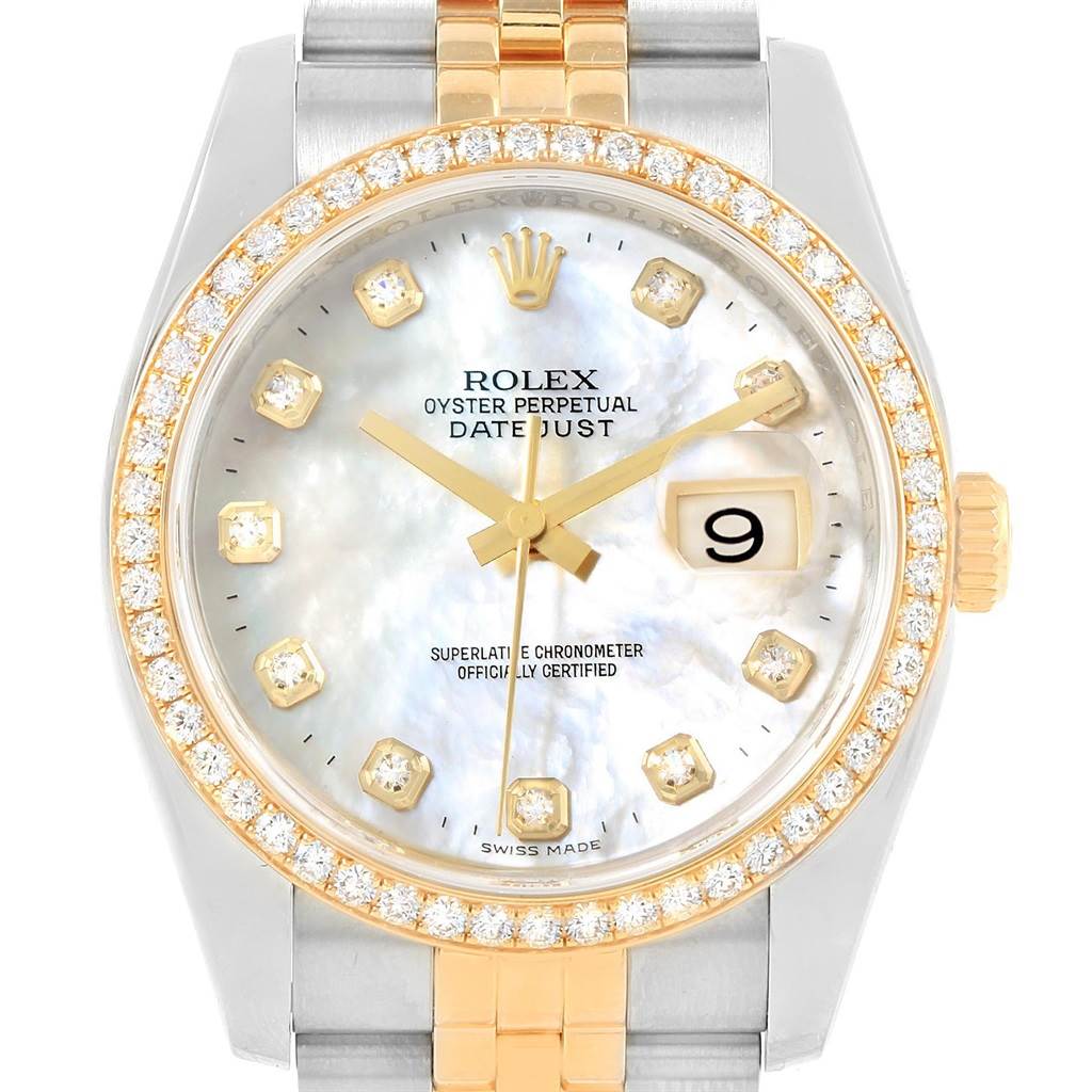 The image shows a frontal view of a Rolex Datejust 116243 Men's Stainless Steel Silver Dial 116243 Men's Stainless Steel Silver Dial watch, highlighting the dial, bezel, and bracelet.