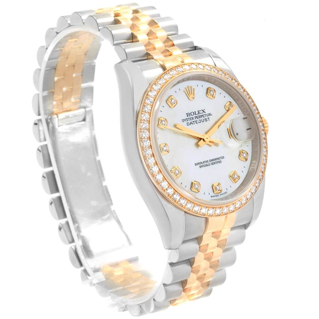 This Rolex Datejust 116243 Men's Stainless Steel Silver Dial 116243 Men's Stainless Steel Silver Dial watch image shows a side angle of the watch, highlighting its two-tone bracelet, diamond bezel, and dial.