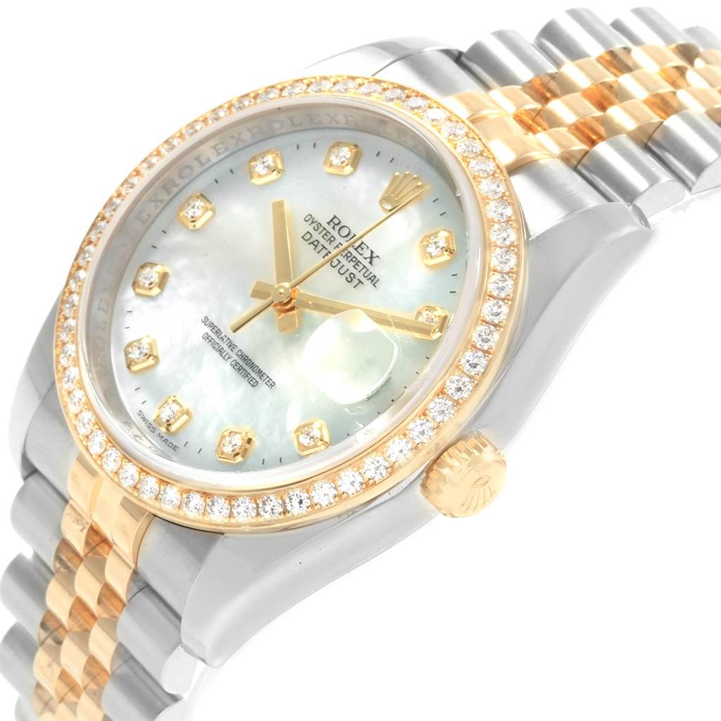 The image shows a Rolex Datejust 116243 Men's Stainless Steel Silver Dial 116243 Men's Stainless Steel Silver Dial watch at a 3/4 angle, highlighting its diamond bezel, dial, and two-tone bracelet.