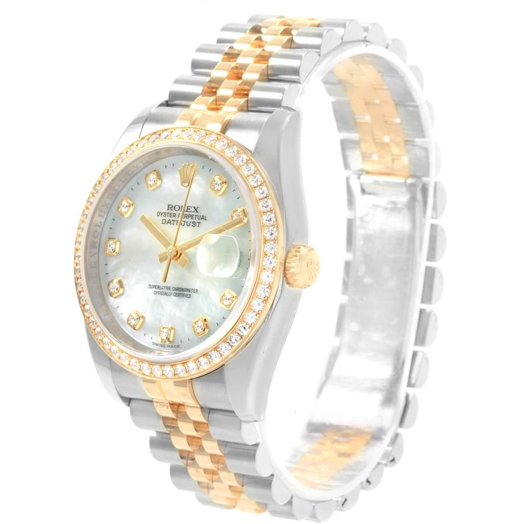 The Rolex Datejust 116243 Men's Stainless Steel Silver Dial 116243 Men's Stainless Steel Silver Dial watch is shown at a 3/4 angle, displaying its face, bezel, crown, and two-tone metal bracelet.