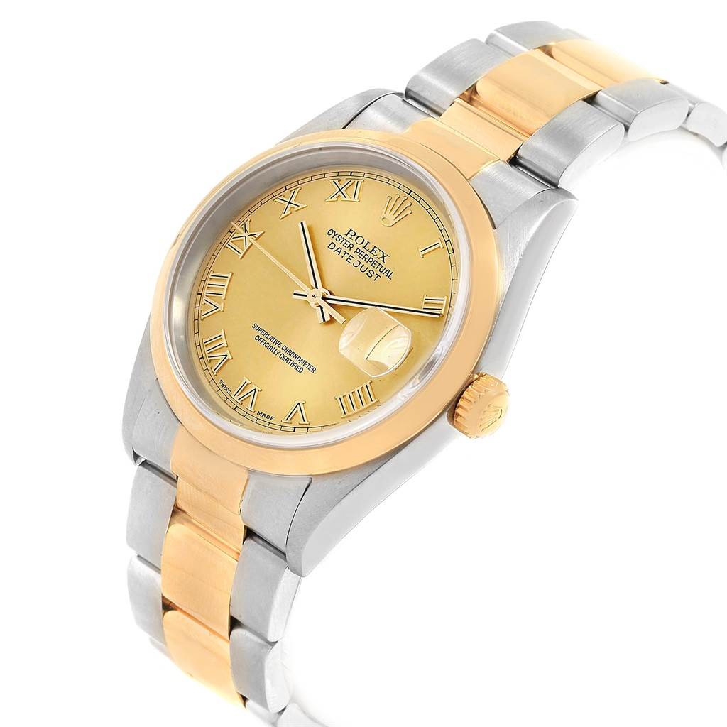 The image shows a close-up, angled view of a Rolex Datejust 16203 Men's Steel and Gold (two tone) Champagne Dial 16203 Men's Steel and Gold (two tone) Champagne Dial watch, highlighting the dial, bezel, and two-tone bracelet.