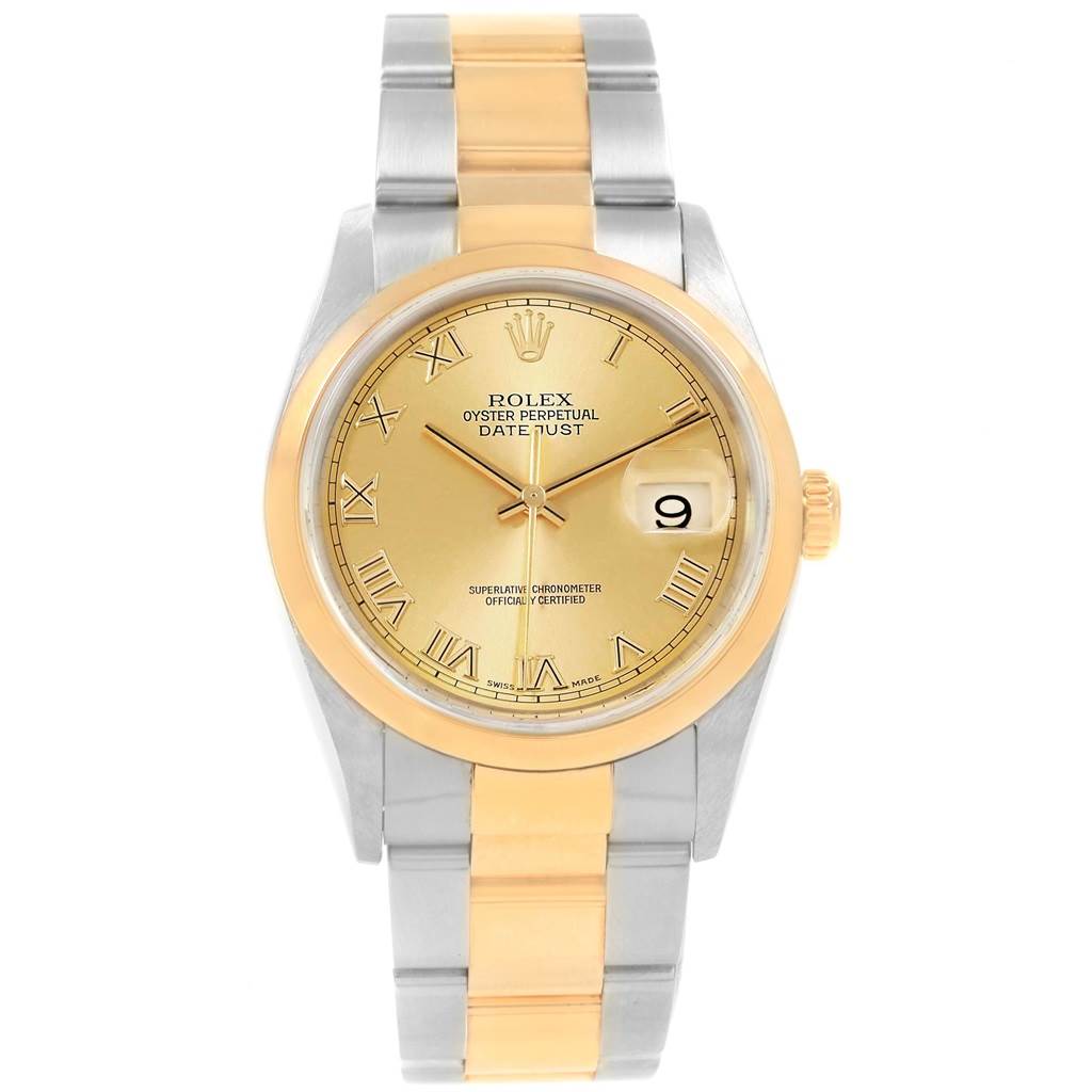 The image displays a front view of a Rolex Datejust 16203 Men's Steel and Gold (two tone) Champagne Dial 16203 Men's Steel and Gold (two tone) Champagne Dial watch showing its dial, bezel, and bracelet.