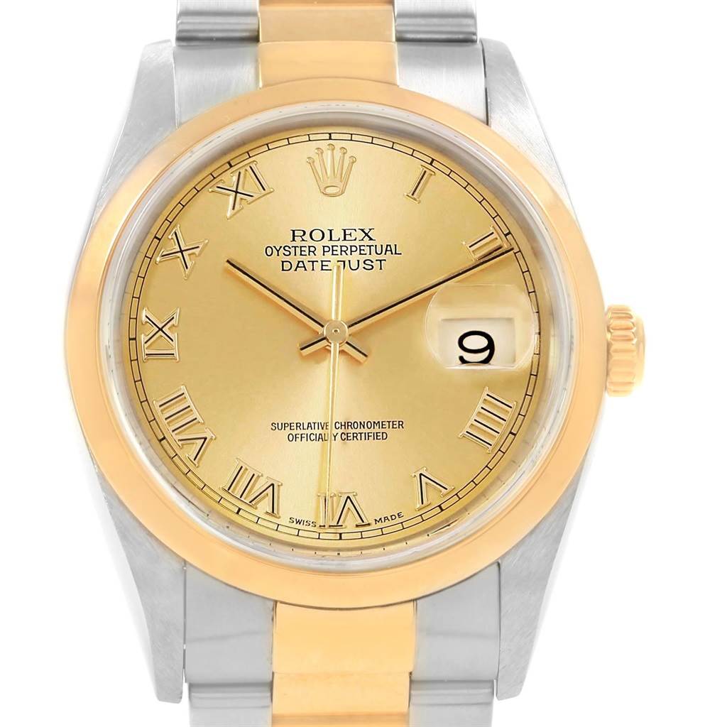 The image shows a frontal view of a Rolex Datejust 16203 Men's Steel and Gold (two tone) Champagne Dial 16203 Men's Steel and Gold (two tone) Champagne Dial watch, featuring its face, bezel, and part of the bracelet.