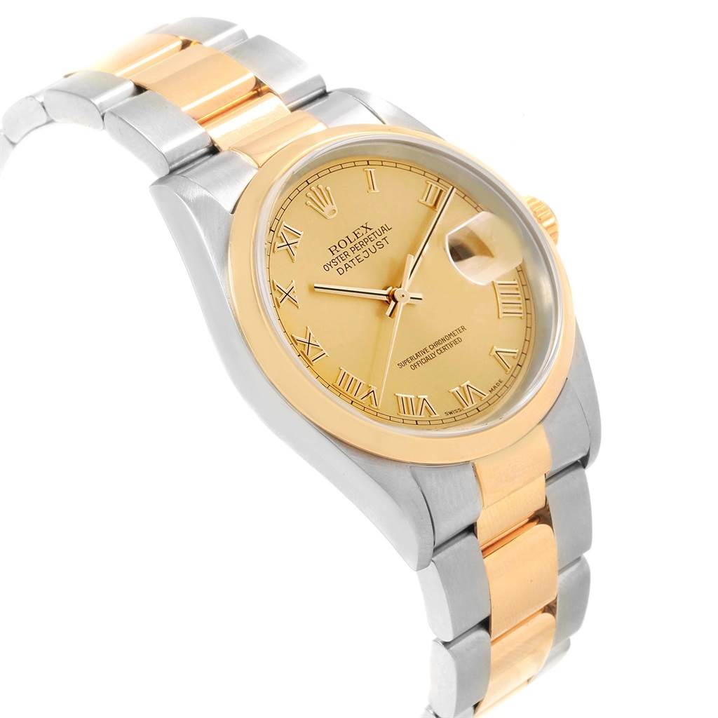The image shows a Rolex Datejust 16203 Men's Steel and Gold (two tone) Champagne Dial 16203 Men's Steel and Gold (two tone) Champagne Dial watch at a slight angle, highlighting its two-tone bracelet, gold-colored dial, and Roman numerals.