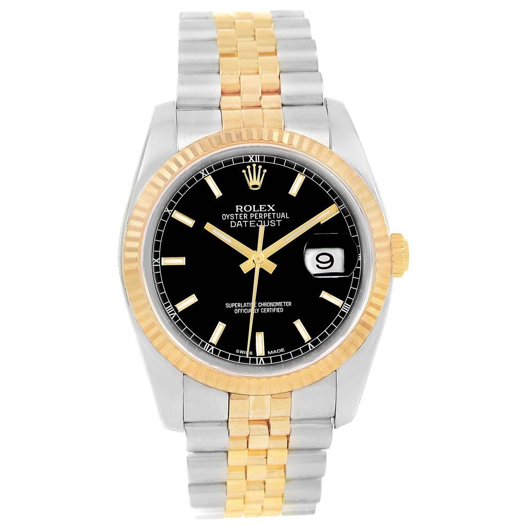 The Rolex Datejust 116233 Men's Stainless Steel Black Dial 116233 Men's Stainless Steel Black Dial watch is shown from a top view, highlighting its black dial, date window, and two-tone bracelet.