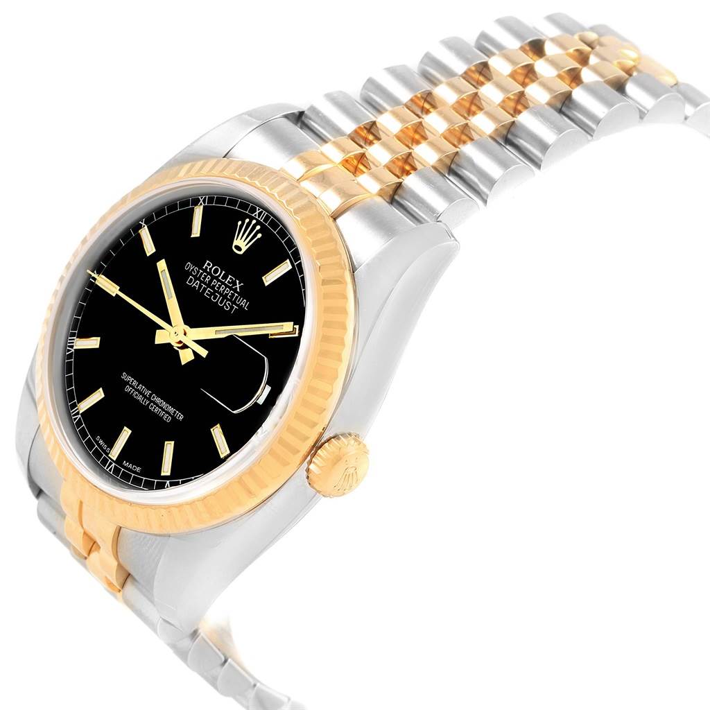 The image shows a Rolex Datejust 116233 Men's Stainless Steel Black Dial 116233 Men's Stainless Steel Black Dial watch at an angled side view, highlighting the dial, bezel, crown, and bracelet.