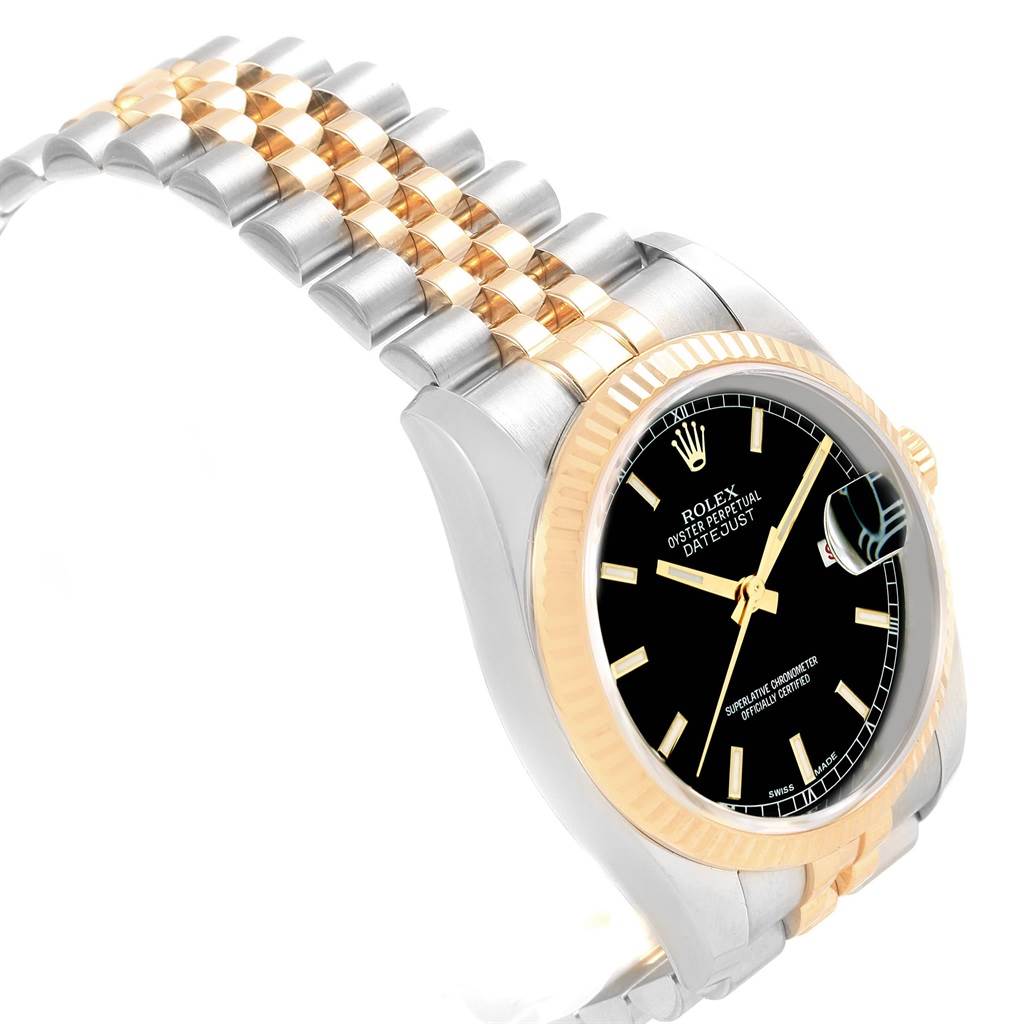 The image shows a Rolex Datejust 116233 Men's Stainless Steel Black Dial 116233 Men's Stainless Steel Black Dial watch at a slight angle highlighting the dial, bezel, crown, and two-tone bracelet.