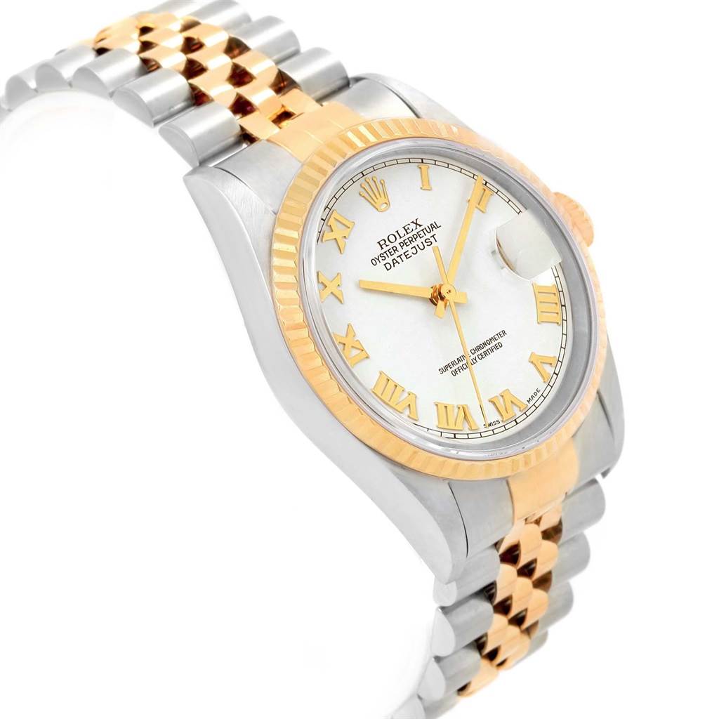 The Rolex Datejust 16233 Men
s Steel and Gold (two tone) White Dial 16233 Men
s Steel and Gold (two tone) White Dial watch is shown at a slight angle showcasing the dial, bezel, and part of the two-tone bracelet.