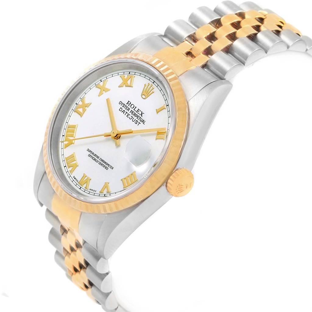 The image shows a Rolex Datejust 16233 Men
s Steel and Gold (two tone) White Dial 16233 Men
s Steel and Gold (two tone) White Dial watch at a three-quarter angle, highlighting its gold bezel, crown, and two-tone bracelet.
