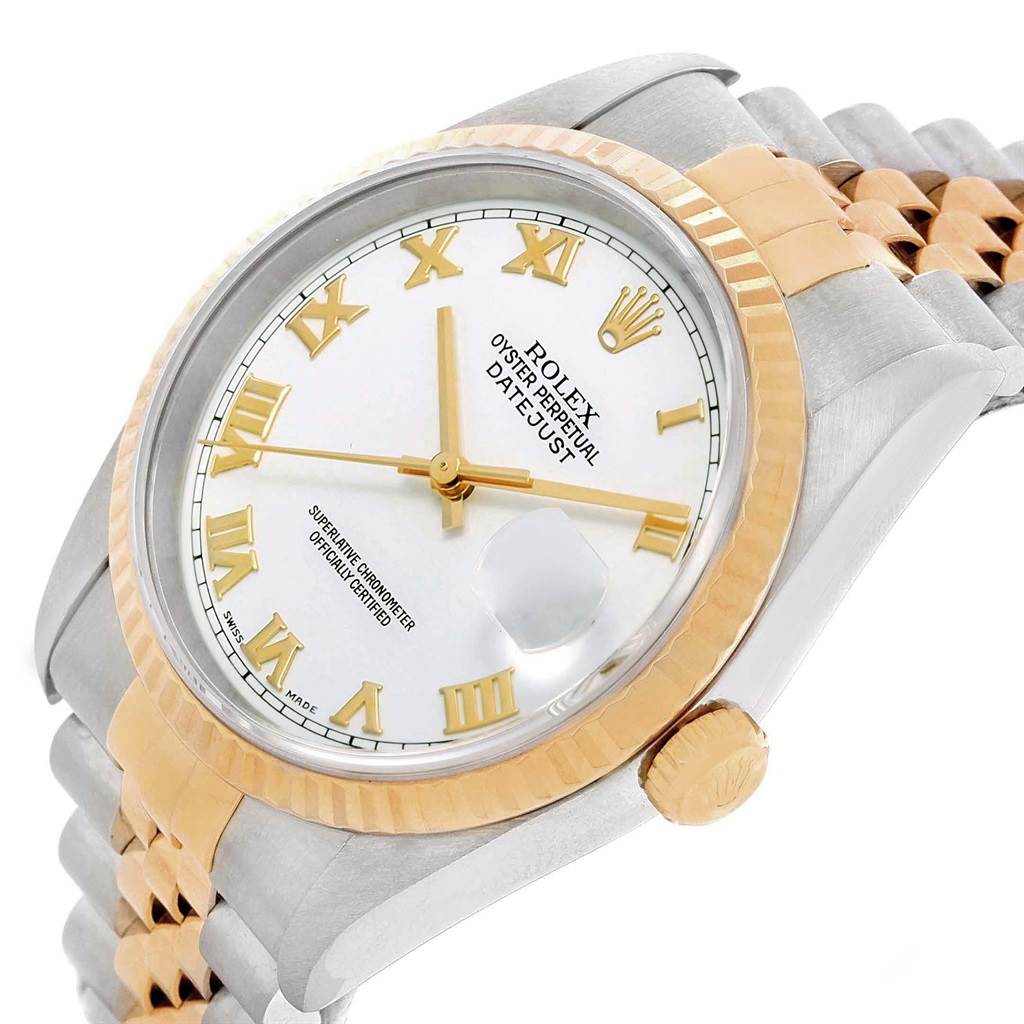 This image shows a close-up angled view of a Rolex Datejust 16233 Men
s Steel and Gold (two tone) White Dial 16233 Men
s Steel and Gold (two tone) White Dial watch, highlighting the bezel, dial, crown, and part of the bracelet.