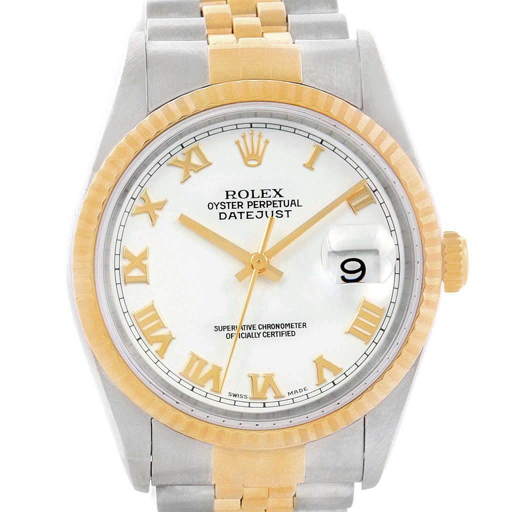 The image shows a frontal view of a Rolex Datejust 16233 Men
s Steel and Gold (two tone) White Dial 16233 Men
s Steel and Gold (two tone) White Dial, highlighting the dial, bezel, bracelet, and crown.