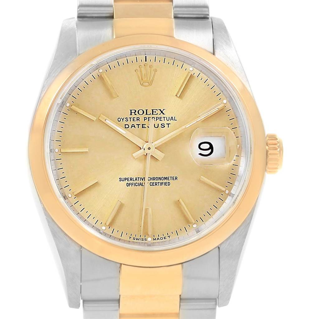 The Rolex Datejust 19885 Men's Steel and Gold (two tone) Champagne Dial 19885 Men's Steel and Gold (two tone) Champagne Dial model watch is shown from the front, featuring its dial, bezel, crown, and part of the bracelet.