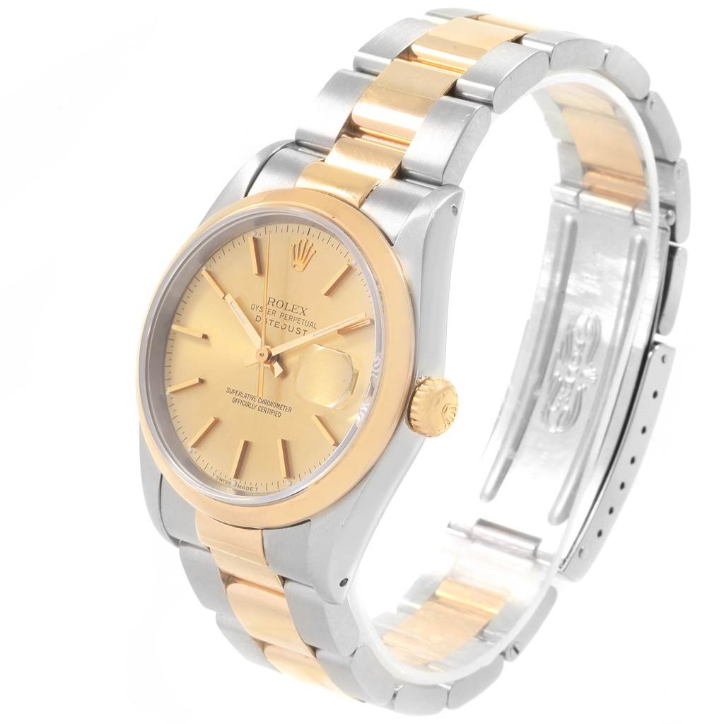 The image shows a Rolex Datejust 19885 Men's Steel and Gold (two tone) Champagne Dial 19885 Men's Steel and Gold (two tone) Champagne Dial watch from a three-quarter angle, highlighting the dial, bezel, crown, and bracelet.