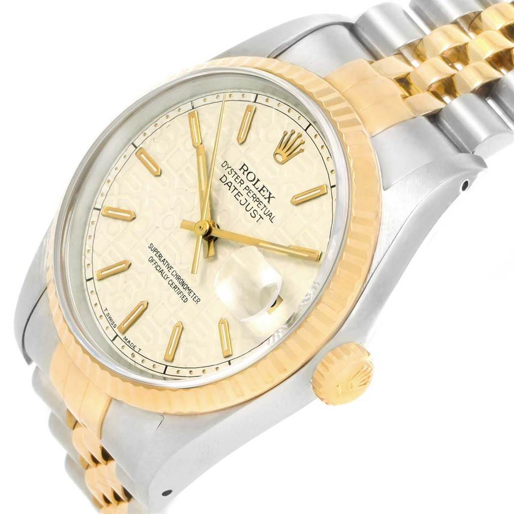 The image shows a Rolex Datejust 16233 Men's Steel and Gold (two tone) Beige Dial 16233 Men's Steel and Gold (two tone) Beige Dial watch from a slightly angled overhead view, highlighting its dial, bezel, and jubilee bracelet.