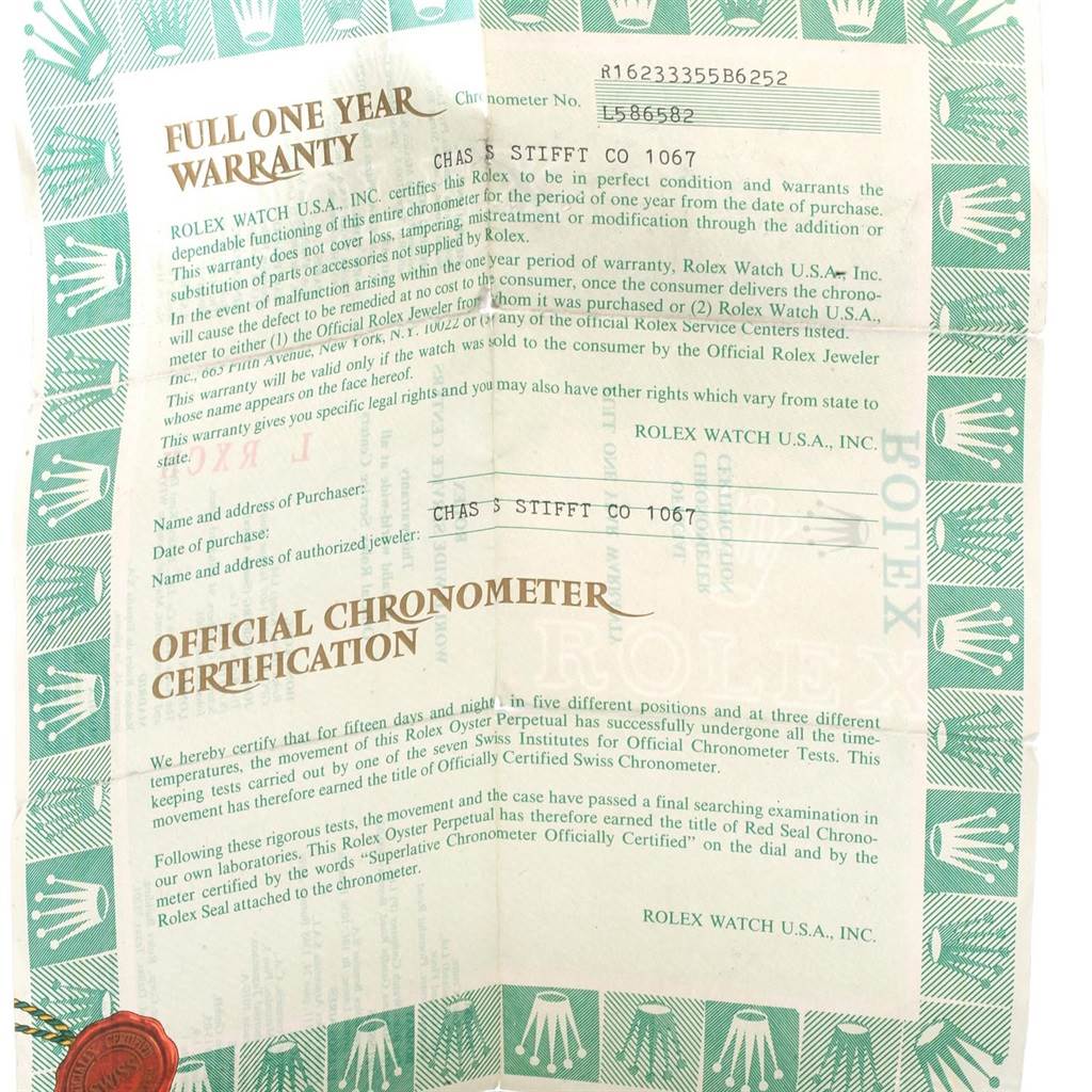 The image shows a full one-year warranty and official chronometer certification for the Rolex Datejust 16233 Men's Steel and Gold (two tone) Beige Dial 16233 Men's Steel and Gold (two tone) Beige Dial model.