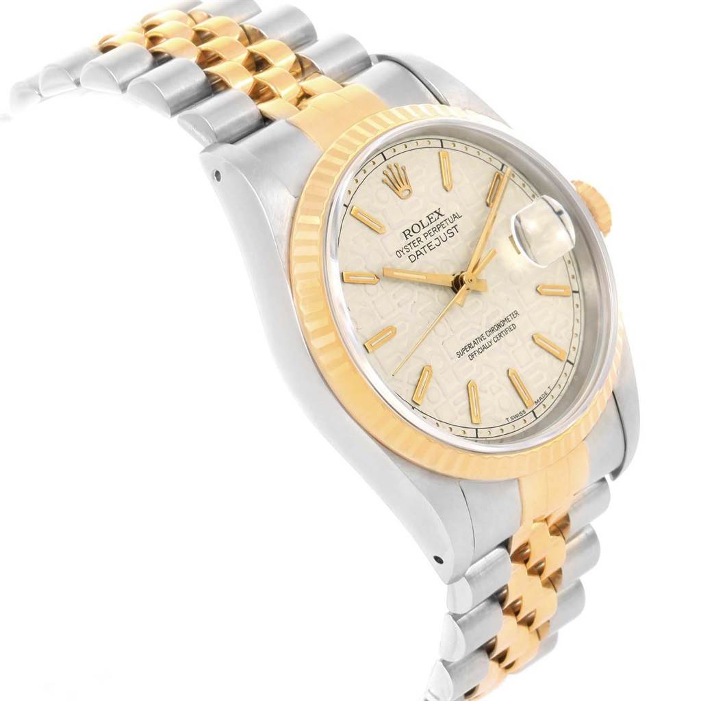 The image shows a Rolex Datejust 16233 Men's Steel and Gold (two tone) Beige Dial 16233 Men's Steel and Gold (two tone) Beige Dial watch at a slight angle, displaying its bezel, dial, and part of its two-tone bracelet.