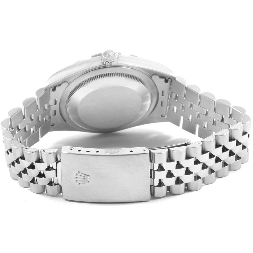 This image shows the back case and bracelet clasp of a Rolex Datejust 16220 Men
s Stainless Steel Silver Dial 16220 Men
s Stainless Steel Silver Dial model watch from a rear angle.