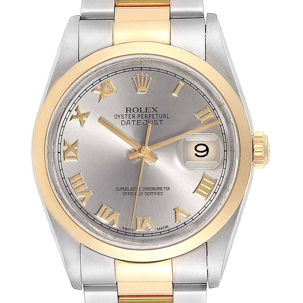 The image shows a Rolex Datejust 16203 Men's Steel and Gold (two tone) Grey Dial 16203 Men's Steel and Gold (two tone) Grey Dial watch from a front angle, displaying the dial, case, bezel, crown, and part of the bracelet.