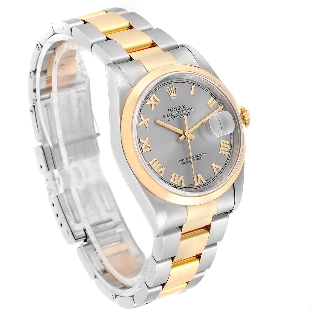 The image shows a Rolex Datejust 16203 Men's Steel and Gold (two tone) Grey Dial 16203 Men's Steel and Gold (two tone) Grey Dial watch at a three-quarter angle, highlighting the face, bezel, and two-tone bracelet.