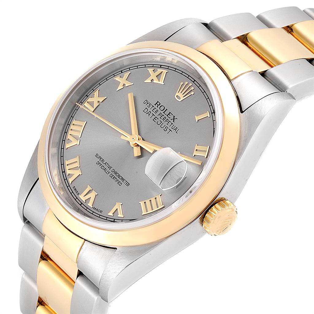 The image shows a close-up view of a Rolex Datejust 16203 Men's Steel and Gold (two tone) Grey Dial 16203 Men's Steel and Gold (two tone) Grey Dial watch showcasing its dial, crown, and part of the bracelet.