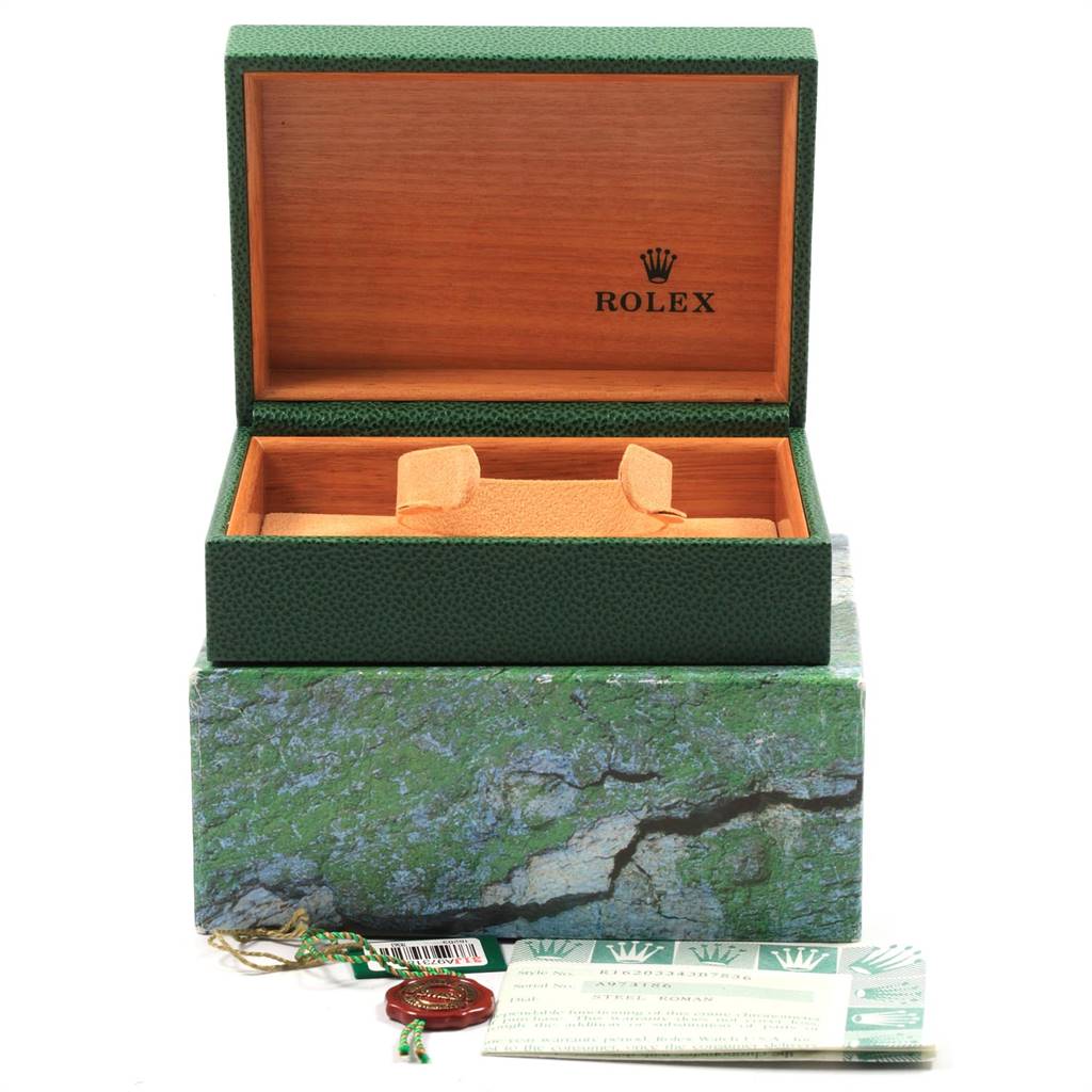 The image shows the open box and accessories for a Rolex Datejust 16203 Men's Steel and Gold (two tone) Grey Dial 16203 Men's Steel and Gold (two tone) Grey Dial model, including the case, tags, and documents.