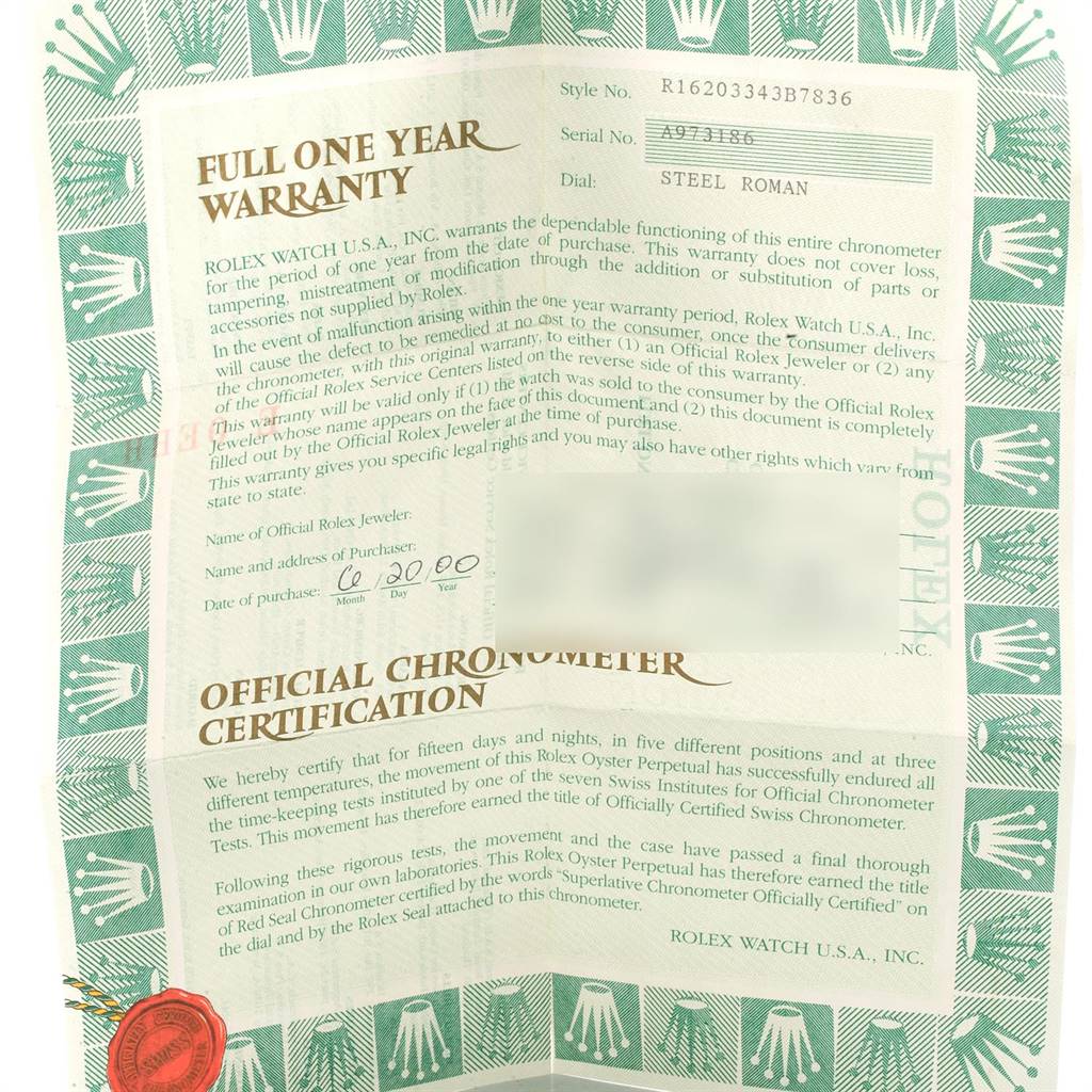 The image shows an official chronometer certification and full one-year warranty document for a Rolex Datejust 16203 Men's Steel and Gold (two tone) Grey Dial 16203 Men's Steel and Gold (two tone) Grey Dial watch.