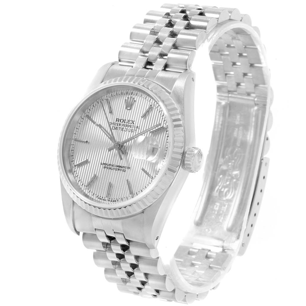 The Rolex Datejust 16234 Men's Stainless Steel Silver Dial 16234 Men's Stainless Steel Silver Dial watch is shown from a three-quarter angle, showcasing the dial, bezel, case, and bracelet.